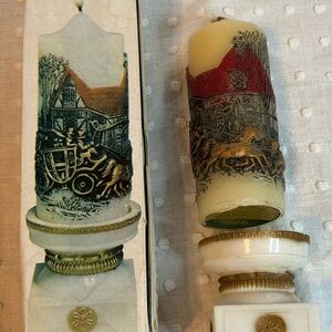 Vintage Christmas Journey Stage Coach & House Scene Candle With Stand And Box